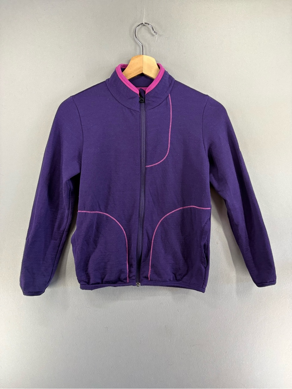 Icebreaker Youth Unisex 10y Merino Wool Jacket Full Zip Purple Pocket